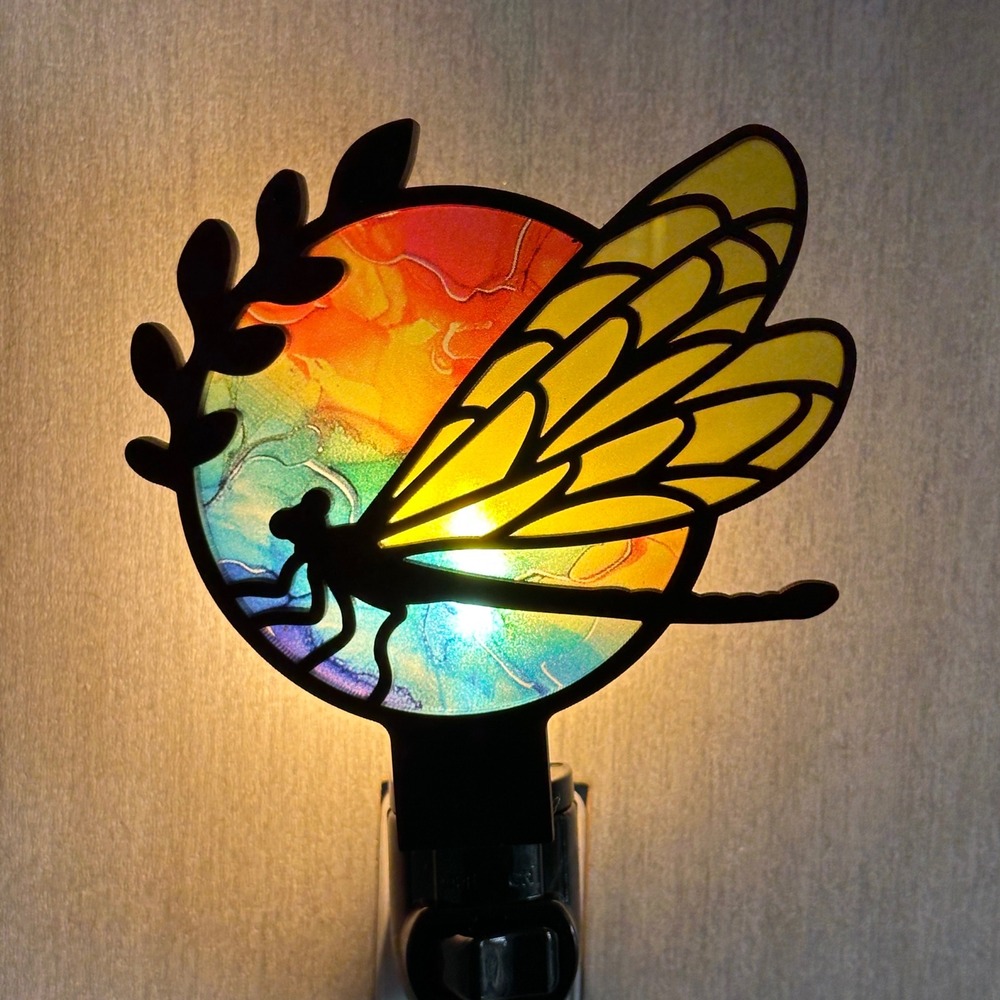 Dragonfly Rainbow Stained Glass Style Night Light Plug In‎ Wall Decor Multicolor